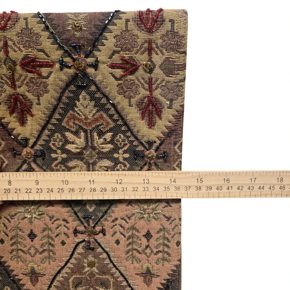 Woven Tapestry Beaded Table Runner Harlequin Diamond Floral Earth Tones 13x70